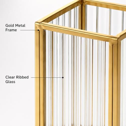Feyarl Ribbed Glass Pen Holder Gold Metal Desk Organizer for Pens Pencils Markers Makeup Brushes Decorative Striped Glass Pencil Cup for Office Desk Vanity Home Decor - Image 5