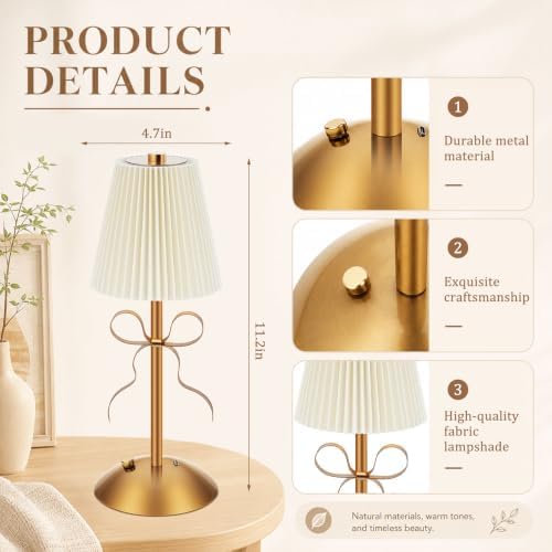 Liliful 2 Pcs Cordless Table Lamp LED Touch, Gold, Beige Cloth Style Bow - Image 2