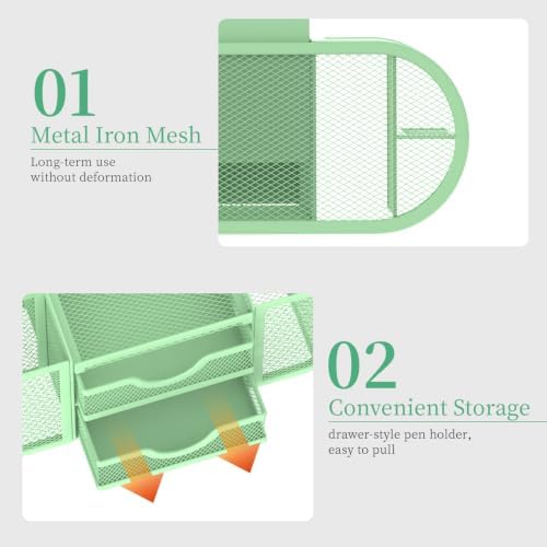 SUPEASY Mesh Desk Organizer, Pen Holder for Desk with 2 Drawers, MintGreen - Image 5