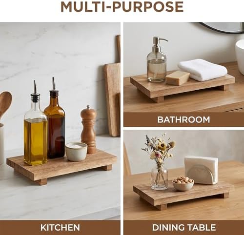Wood Riser Tray, 12 x 7 Inch Decorative Rustic Bathroom Dishes, No Coating Rustic Farmhouse Wood Tray for Kitchen Counter, Wooden Tray Pedestal Stand, Counter Display Riser, for Plant Bottles Candles - Image 7