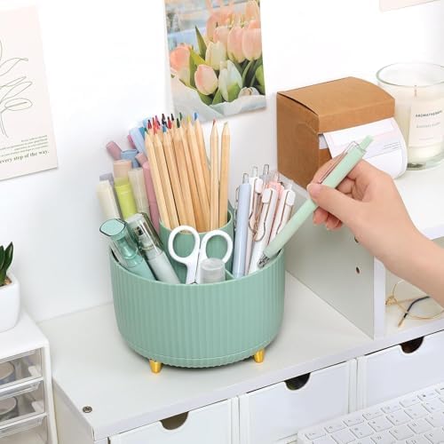 SKYDUE 360 Degree Rotating Desk Organizer, Dual-Purpose Pencil Pen Holder for Desktop, Rotating Desk Pen Organizer with 5 Slots, Pencil Cup for School, Home, Office Supplies (Bean Green) - Image 2