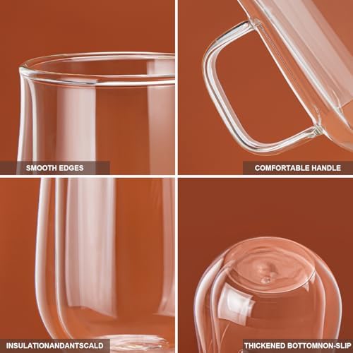 Double Walled Glass Coffee Mugs 16 OZ, Borosilicate Glass Coffee Cups Set of 2 with Spoons, Insulated Clear Coffee Mug for Hot Beverages, Cappuccino, Latte, Tea Bag. - Image 5