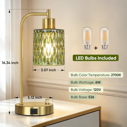 Table Lamps Set of 2, Green Glass Dimmable Bedside Lamps for Living Room - Image 3