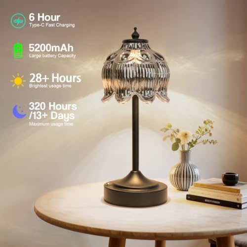 Cordless Table Lamp, Rechargeable Black Glass Lotus Flower Lamp - Image 4