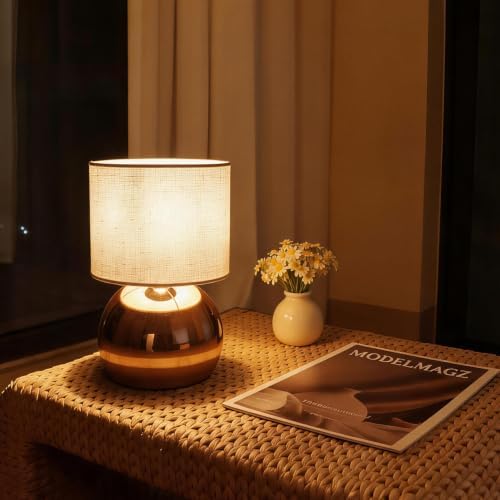 Modern Rose Gold Table Lamp, Small Bedside Nightstand Light, 6.2X6.2X10.4 Inch, with Linen Shade and Included LED Bulb, for Bedroom Living Room - Image 5