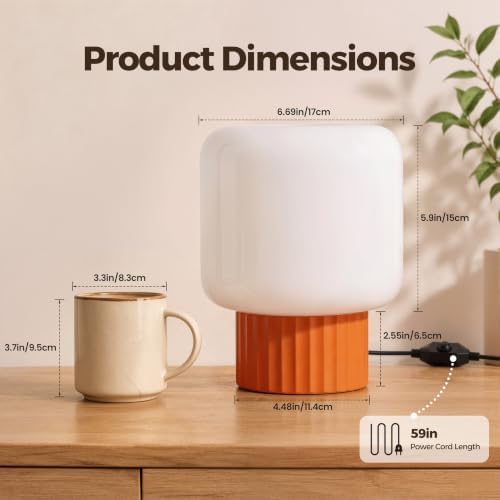 VOLISUN Mushroom Lamp, Plug-in Table Lamp with White Glass Shade, 2700K Warm White & Stepless Dimming, Modern Bedside Lamp for Bedroom, Living Room and Home Decor, 1 Pack (Orange) - Image 6