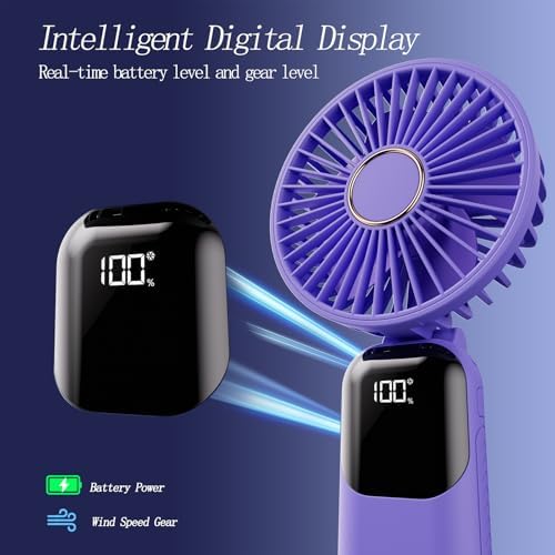 GOCKERA Portable Fan, 4200mAh Battery Operated Fan, 5 Speeds&Digital Display, Makeup Fans for Women with Base, 180°Foldable 3in1 Handheld/Neck/Desk Fan for Outdoor Indoor,Ultra Quiet (Purple) - Image 4