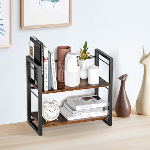 Office Desk Shelf Organizer, Wood Desktop Bookshelf Supplies Storage Rack, Shelf for Top of Desk and Dresser (Brown-2 Tier) - Image 2