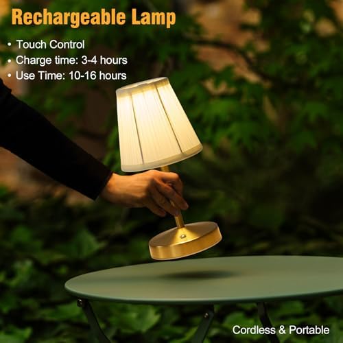 5w Led Cordless Mini Lamps,3000 mah Battery Operated Lamp,3 Color Temperature Dimmable Table Lamp,Gold Rechargeable Table Lamp Fabric,Aesthetic Small kitchen Lamp for Counter,Restaurant,Bar,H9.8" - Image 6
