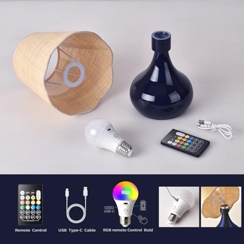 Cordless Table Lamp Rechargeable, Navy Blue Mini Bedroom Lamps for Bedside Nightstand, Rattan Shade Small Table Lamps for Small Spaces for Kitchen Counter, Bookshelf, Home Office, Living Room, Dorm - Image 3