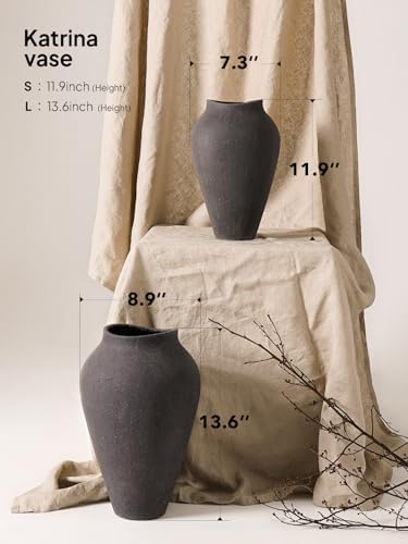 Ceramic Vase - Large 11.8 Inch Tall Floor Vase for Centerpieces, Farmhouse Flower Vases, Rustic Minimalist Home Decor for Living Room, Enterway, Wedding (Sandstone Dark Gray) - Image 3