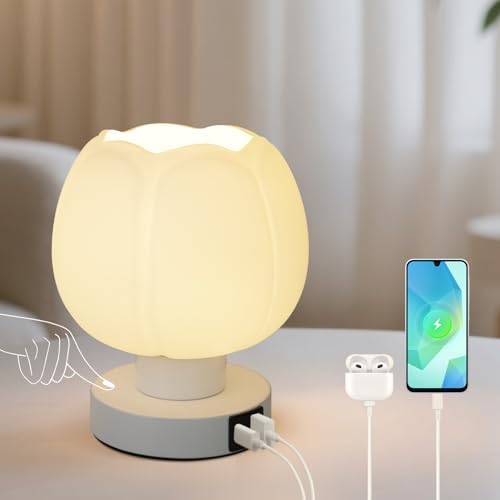 Touch Bedside Lamp wtih USB C+A Charging Ports,Tulip Flower Lamp by Komothala