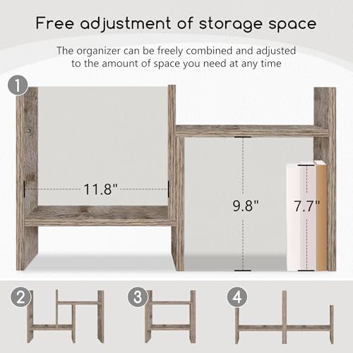 Jerry & Maggie Desktop Organizer Office Storage Rack Adjustable Wood Display Shelf Free Style Double H, Multi-Functional Mini Bookshelf for Desk Natural Stand (Gray Oak) - Image 5