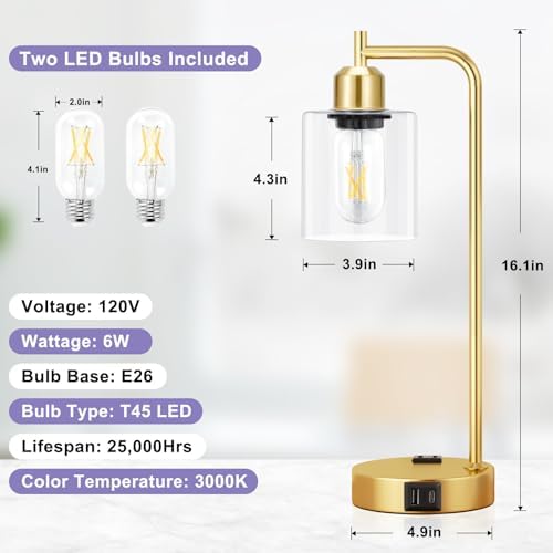 Innqoo Industrial Gold Table Lamp for Bedrooms Set of 2-3-Way Dimmable Desk Lamp with USB C+A Ports and Outlet, Gold Lamps with Clear Glass Shade for Living Room, Desk Lamps for Home Office - Image 7