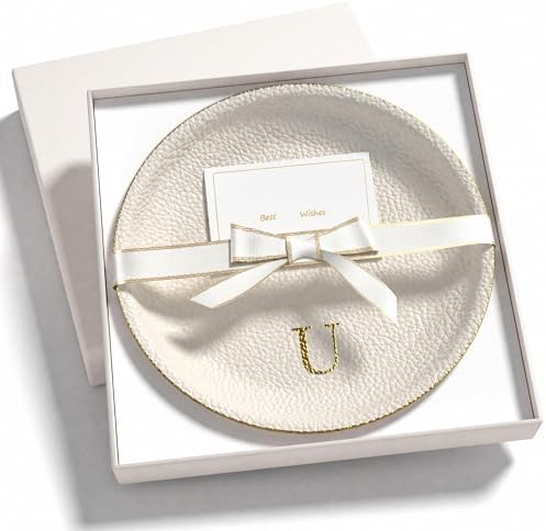 Initial Jewelry Dish for Women, Shatterproof Vegan Leather Ring Holder with Stainless Steel Core, Personalized Monogram Trinket Tray, Birthday Bridesmaid Gift with Box (Cream Letter U) by AUTYANL