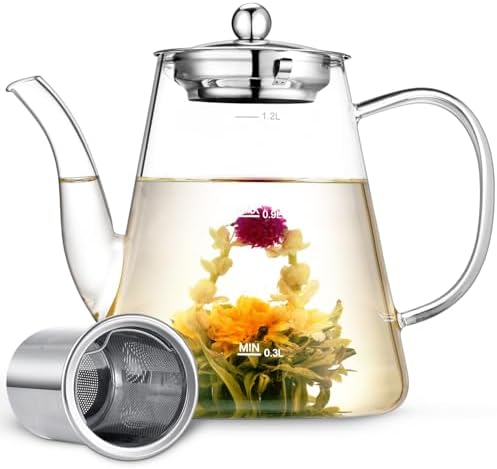 Glass Teapot, 1200ml (40oz) Tea Pot with Infuser for Loose Tea and Blooming Tea, Stovetop Safe Tea Kettle, Hand Crafted Borosilicate Glass Tea Maker with Scale Line, Tea Gift Set for Tea Lovers by zpose