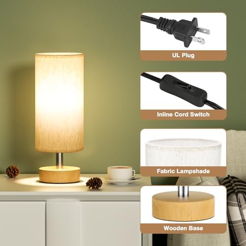 Table Lamp for Bedroom（Cream Shade - Wood Base, 11.6" Inline Control） - Image 2