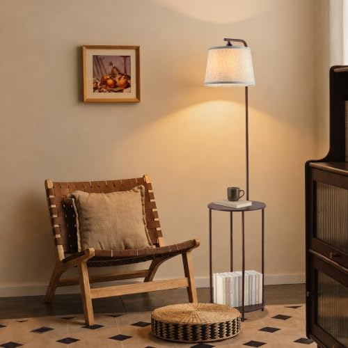 Floor Lamp with Table, 2-in-1 Side Table Floor Lamp with Linen Shade - Image 4