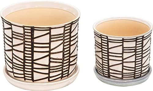 Set of 2 Geometric Decorative Ceramic Planter Pots with Saucer – Stoneware Outdoor & Indoor Plant Pots with Drainage – Modern Garden & Home Decor Ceramic Planters – 6" & 8", Ivory - Image 5