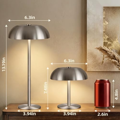 Portable LED Mushroom Table Lamp, 24H Cordless Metal Night Light with Rechargeable Battery, Stepless Dimmable 3 Colors Desk Lamp for Bedroom Bar Coffee Shop(Brushed Silver) - Image 5