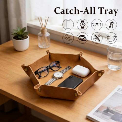 boshiho Valet Tray for Men, Leather Jewelry Catchall Key Phone Coin Box Change Caddy Bedside Storage Box (Tan) - Image 3