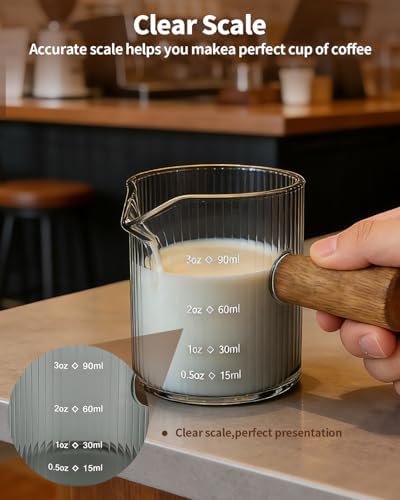 Espresso Measuring Cup 3 Oz, Espresso Glass Cups with Wood Handle, Milk Frothing Cup, Espresso Cup for Coffee, Milk, Tea or Maple Syrup Serving (Gray, 3 oz) - Image 4