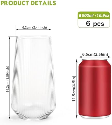 Greentainer Borosilicate Drinking Glasses Set of 6, 16 oz Clear Ribbed Highball Tumblers, Tall Glass Water Cups for Cocktail, Mojito & Long Drink, Dishwasher Safe Kitchen Drinkware & Bar Glassware - Image 3