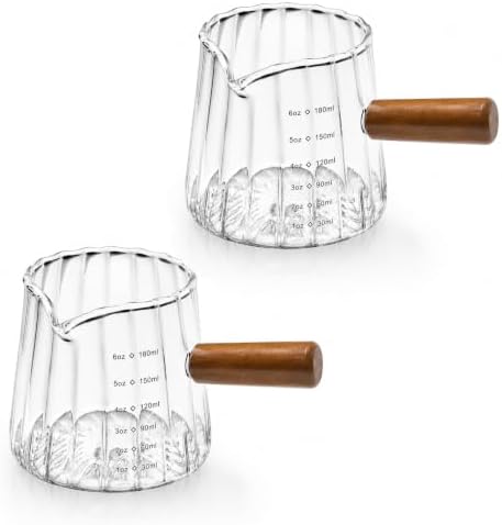 2 PCS Espresso Shot Cups, 6 Oz Espresso Measuring Cup with Wooden Handle and V-Shaped Spout for Espresso, Coffee, Milk Frothing, Tea, Syrup Serving by Unknown