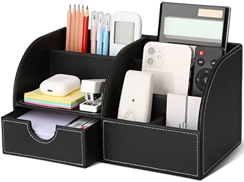 KINGFOM Pu Leather Desk Organizer Pen Pencil Holder Office Supplies Caddy Storage Box 6 Compartments with Drawer Black (Full Pu Leather) by KingfomLeatherHomeOfficeDecor