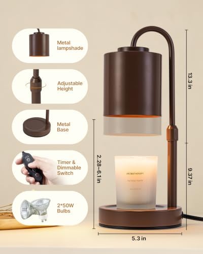 CASTLELIFE Dimmable Candle Warmer Lamp with Timer, Height Adjustable Candle Warmer for Jar Candles, Electric Wax Melt Warmer for Home Decor House Warming Gifts, Birthday Gifts for Women, Brown - Image 2