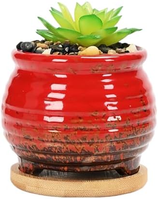 3.5 Inch Ceramic Succulent Planter Pot with Drainage Hole & Bamboo Tray - Mini Round Small Plant Pot for Indoor Desktop, Cactus Flower Container (Plant and Soil Not Included)，Red by SJBAG