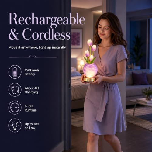 Tulip Table Lamp, Rechargeable Cordless Touch Dimming Artificial Tulip Flower Desk Lamp, LED Flower Bedside Night Light Romantic Gifts for Girl Women Mom (Purple Tulip) - Image 4
