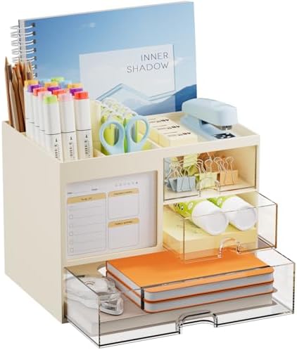 Marbrasse Desk Organizer with 3 Drawer, Multi-Functional Pencil Pen Holder for Desk, Desktop Organizer Storage for Office Home Art Supplies (Beige) by Marbrasse