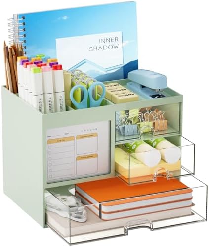 Marbrasse Desk Organizer with 3 Drawer, Multi-Functional Pencil Pen Holder for Desk, Desk Organizers and Accessories with 4 Compartments, Desktop Organizer Storage for Office Home Supplies (Green) by Marbrasse