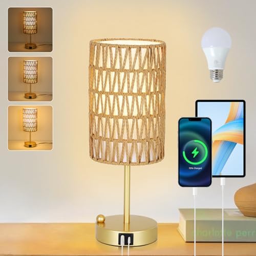 Gold Table Lamp for Bedroom with Bulb, Small Touch Control Table Lamp for Living Room with Rattan & Linen Shade, 3 Way Dimmable Bedside Lamp for Nightstand with USB Charging Port & Phone Stand by LightingFixtures