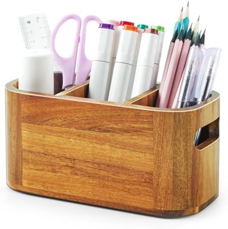 Acacia Pencil Pen Holder for Desk, Wooden Office Organizer with 3 Slots for Countertop, Makeup Brush Holder Remote Control Organizer for School Home Supplies by Unknown