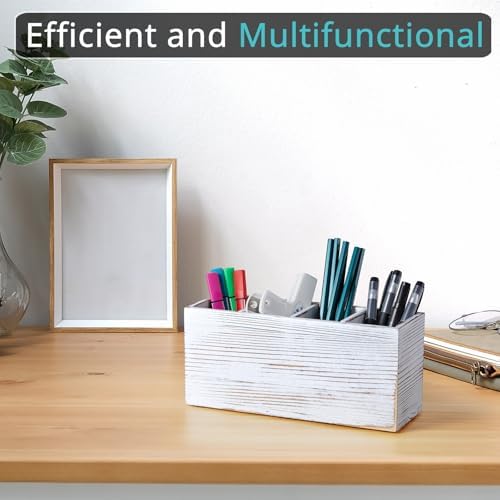 Pencil Pen Holder for Desk, White Washed Wood Office Desk Organizers and Accessories with 4 Slots for Countertop, Makeup Brush Holder Organizer for Bathroom Vanity, Silverware Caddy for Party - Image 3