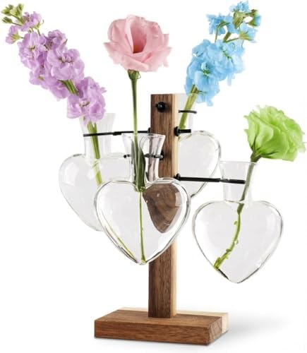 Plant Propagation Station Whith Acacia Wood Stand, 4 Heart Glass Vases by E-ROOMTREND