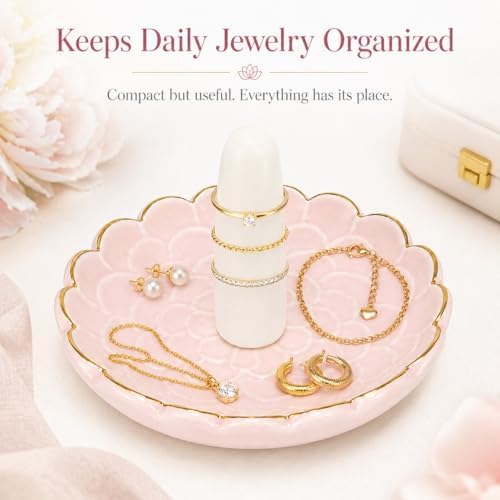 Ceramic Ring Dish Jewelry Tray, Pink Lotus Flower Jewelry Holder with Gold Rim, Decorative Ring Holder for Earrings, Necklace, Bracelet, Vanity, Nightstand, Dresser, Bathroom Counter - Image 5