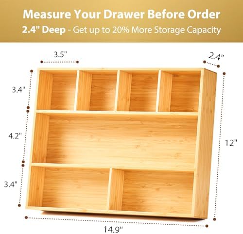 Umilife Large Bamboo Desk Drawer Organizer, Wood Office Junk Tray, 15"x12" - Image 4