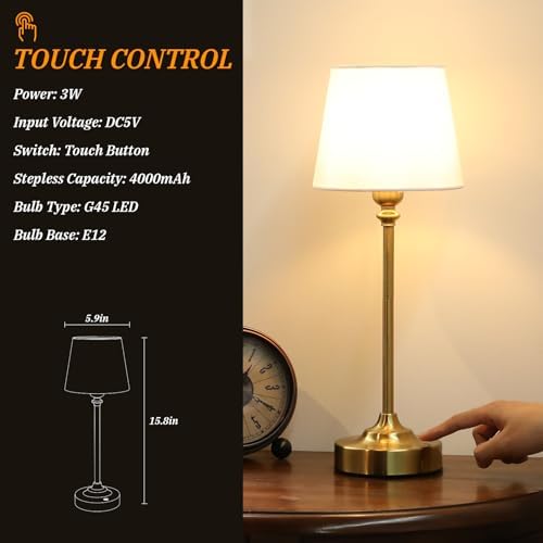 Kakanuo Cordless Table Lamps Rechargeable Set - 2 Pack Gold 4000mAH Battery Operated Lamps for Decor, 3000K Stepless Dimming Touch Wireless Lamp for Bedroom, Dining Table, Living Room, White Shade - Image 5