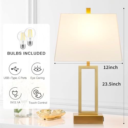 Lolikit 23.5" Touch Control Table Lamps, Metal Bedside Lamp for Bedroom Set of 2 with USB A+C Ports & AC Outlet, 3-Way Dimmable Nightstand Lamp for Living Room (LED Bulb Included) - Image 4