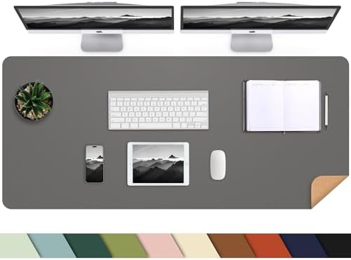 AFIING Leather Desk Pad Protector, 47" x 17" Large Desk Mat with Natural Cork & PU Leather, Mouse Pad, Non-Slip, Waterproof Desk Writing Pad for Office and Home (Dark Grey) by AFIING