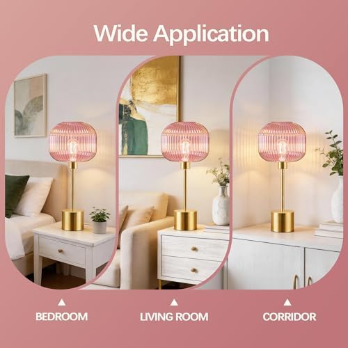 QiMH Glass Table Lamp for Living Room, Modern Bedside Lamp with Pink Ribbed Glass Shade, 3-Way Dimmable Touch Control Nightstand Lamp for Bedroom, Brushed Gold (2700K LED Bulb Included) - Image 6