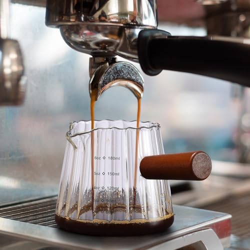 Espresso Cups 6 OZ, V-Shaped Spouts Cups, Espresso Shot Glasses with Wood Handle, Ribbed Milk Measuring Cup - Image 4