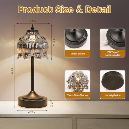 Cordless Table Lamp, Rechargeable Black Glass Lotus Flower Lamp - Image 7