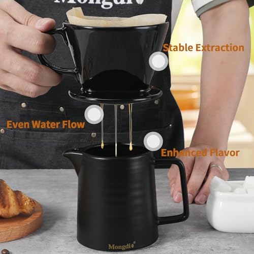Mongdio Pour Over Coffee Maker, Ceramic Pour Over Dripper, Coffee Pour Over with 3 Holes Flat Bottom, Coffee Accessories for Home, Size 02 Black - Image 3