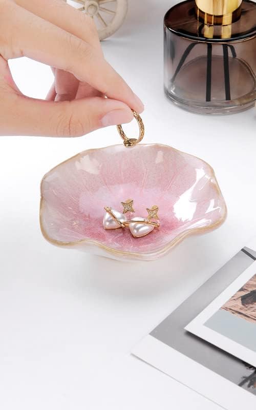 JAMEND CLXP Lotus Leaf Shape Decorative Ring Tray, Small Key Bowl, Ceramic Trinket Tray Jewelry Dish Organizing Necklace Earrings, Home Decoration for Mom Best Friend Sister, Pink. - Image 3