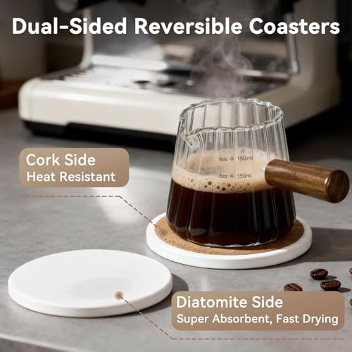 Glass Measuring Cup 6OZ, Espresso Accessories, Expresso Shots Cup, Espresso Shot Glass with V-Shaped Mouth, Ribbed Milk Frothing Pitcher, coffee Espresso Cup(Wooden Handle) - Image 3