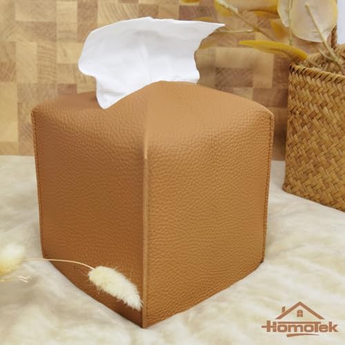 HOMOTEK 2 Pack Tissue Box Cover, Square PU Leather Tissue Holder, Decorative Facial Tissue Cube Paper Organizer Dispenser for Bathroom, Night Stands, Desk, Car 5X5X5'' - Camel, Pebble Grain - Image 5
